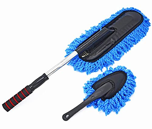 Bargain Crusader Removable Telescopic Car Wax Drag Nano Fiber Car Wash Brush Car Dusting Tool Car Mop Wax Dash Duster Exterior Interior Cleaning Kit (Premium Car Duster & Dash Duster 2 Pcs Set, Blue)