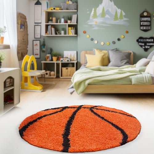 HomebyHome Runder Kinderteppich Hochflor Langflor Shaggy Basketball Design Kinderzimmer Babyzimmer Spielzimmer 30 mm Florhöhe Flauschig Weich Rund, Farbe:Orange, Grösse:100 cm Rund