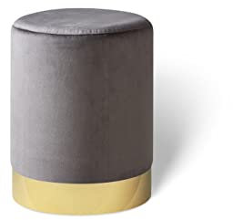 LIFA LIVING Runder Samt Pouf in grau Ø 30 cm, Zylinderförmiger Samthocker mit goldenem Detail, Fußhocker aus Samt in grau, Sitzhocker mausgrau