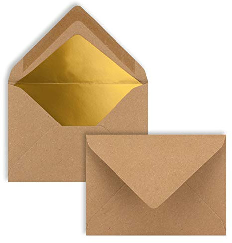 500x kleine Mini-Umschläge aus Kraftpapier in Sandbraun mit Goldfutter - DIN C7-8,1 x 11,4 cm - Nassklebung - 120g/m² - kleine Briefumschläge für Gutscheine, Geldgeschenke