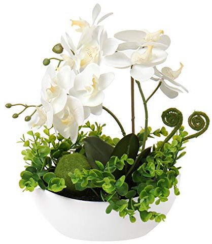 Künstliche Orchidee Blumen gefälschte Orchideen mit Vase Seide Faux Dekor Indoor Phalaenopsis Blume im Topf Arrangements für Zuhause Hochzeit Party Tisch Badezimmer Dekoration – Weiß