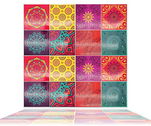WALPLUS 16 Stück 15.4x15.4cm Buntes Mandala Spanisch Mehrfarbig 3D-Fliesenaufkleber Abziehen und Aufkleben Backsplash Abziehbilder Startseite Dekore Aufkantung für Küche Badezimmer Kacheln Farbe auf