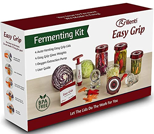 Mason Jar Fermentation Kit - Food Grade Fermenting Lids for Wide Mouth Mason Jars, includes Easy Grip Fermenter Lids 4-Pack, Weights and Pump - a Great Starter Sauerkraut Fermenting Kit, Brillenti
