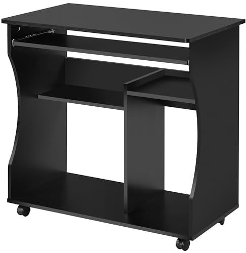 Yaheetech Movable Computer Desk with Sliding Keyboard Tray and Shelves, Home Office Desk, PC Laptop Table on Wheels, Study Desk Black