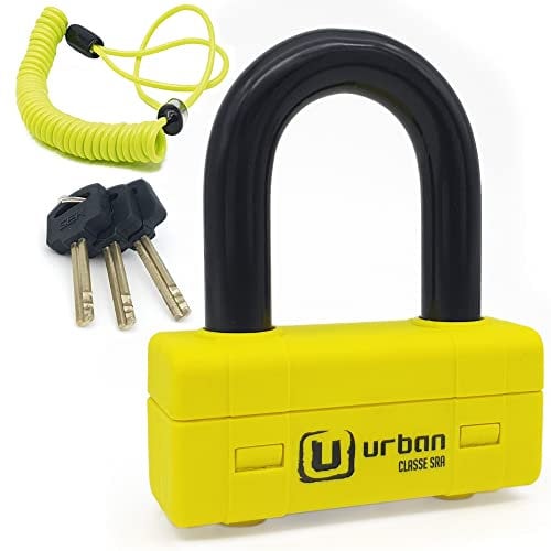 URBAN UR75 Antifurto Bloccadisco Moto Mini U Testato Massima Sicurezza, Omologato SRA, Arco in Acciaio Cementato ø18 con Doppia Chiusura, Più Versatile e Deterrente, Cavo Promemoria, Lucchetto Moto