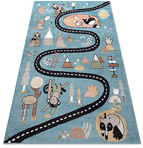 rugsx Teppich Fun Route Kinderteppich für Babyzimmer, Spielteppiche, Kinderzimmer, Moderne, Straße, Tiere blau 140x190 cm