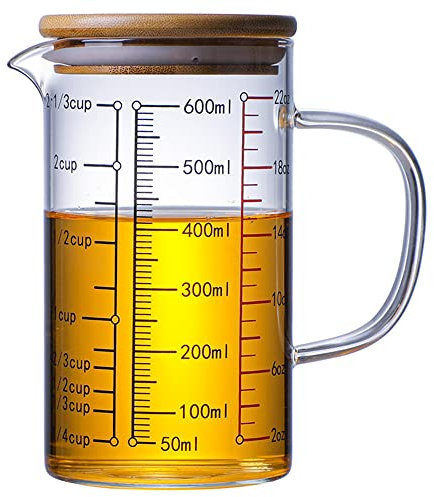 TAMUME Misurino in Vetro con Coperchio, Caraffa Graduata con Scala Multipla (600ml)