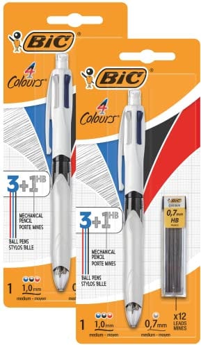 BIC 4 Colours, 4-Farb-Druckkugelschreiber inklusive 12 Bleistiftminen, Rot, Blau, Schwarz und Bleistift, 2er Pack