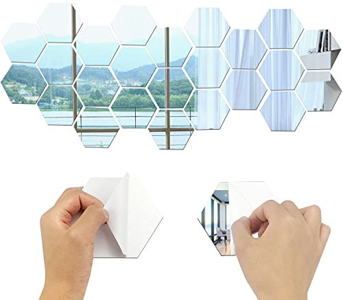 24 Pezzo Honeycomb Wall Mirror Sticker, Wall Mirror Stickers Acrilico Mirror, Wall Sticker Piastrelle Autoadesivo Specchio Per Il Bagno Casa Camera Da Letto Soggiorno Decor(Argento-9.6*8.6cm)