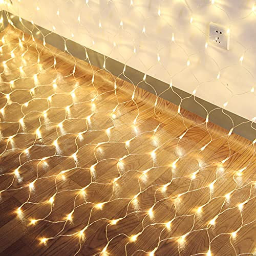 Ikodm LED Lichternetz 1.5x1.5m 96 LED Lichternetz Warmweiß 8 Modi Lichterkettennetz Mit Controller Lichterkette Netz für Weihnachtsbeleuchtung Zimmer Innen und Außen