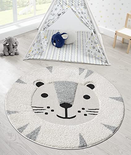 the carpet Lou Weicher Kuscheliger Kinderteppich, Weicher Kuschel-Flor, Pflegeleicht, Farbecht, Outdoor, 3D Optik, Tier Motiv, Creme, 80 cm Rund