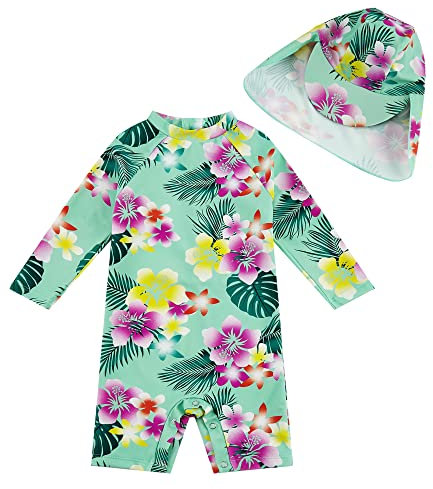 upandfast Baby Schwimmanzug Einteiliger mit Sonnenhut UV Schutz Badebekleidung für Baby Mädchen(Grüne Blumen,18-24 Monate)