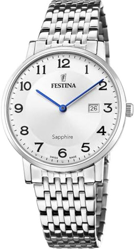 Festina Swiss Made Herrenuhr Analog aus Edelstahl 316l Silberfarben | Quarzwerk, Kalender, Widerstandsfähiges Saphirglas, Wasserdicht 5 ATM F20018/4 Classic Steel