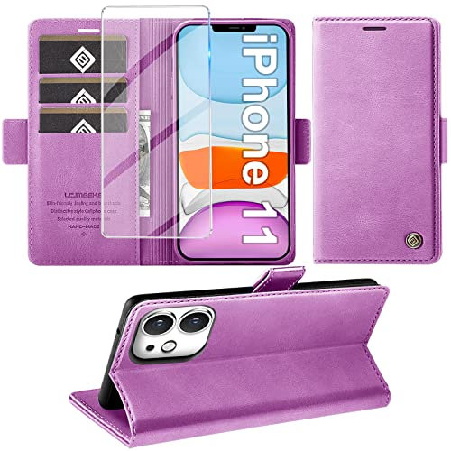 Giyer Handyhülle für iPhone 11 Hülle mit Schutzfolie, Standfunktion Kartenfach Wallet Premium Leder Schutzhülle für iPhone 11 5G 6.1 Zoll Flip Case Cover Stoßfeste Klapphülle (Lila)