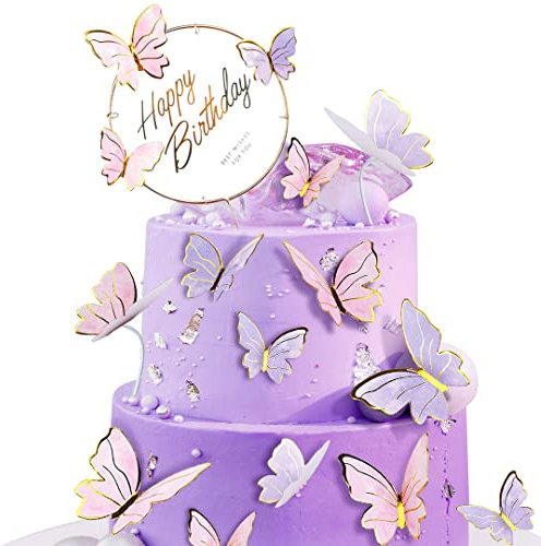 Tortendeko Schmetterlinge, Geburtstagsdeko Kuchen Torten Deko Schmetterling Kuchendeko, 3D Happy Birthday Cake Cupcake Topper für Mädchen Geburtstag Hochzeit Weihnachten Baby Shower Party (Rosa Lila)