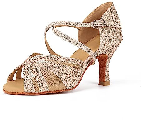 Syrads Scarpe da Ballo Latino Salsa Donna Scarpe da Ballo da Sala Tango Valzer Kizomba Bachata Danze al Coperto,Oro 7.5cm Heel,36 EU