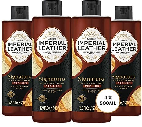 Imperial Leather Men Signature Shower Gel 2in1 Body Wash, White Leather and Oud, Vegan and Cruelty Free, Bulk Buy, Pack of 4 x 500 ml