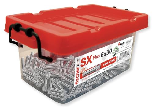 fischer 568676 - Big Box de chevilles murales pour béton SX Plus 6 x 30, pour fixer des lampes, tableaux, climatiseurs, 1000 unités + 5 forets 6 diamètre