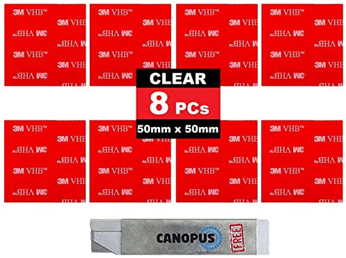 CANOPUS Waterproof Double Sided Pads Clear 3M VHB (50mm x 50mm, 8-PCs) Extra Strong Double Sided Sticky Pads, for Number Plate, License Plate, Dash Cam, Bathroom, Home Decor