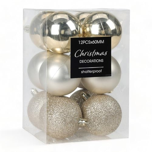 Christbaumschmuck Weihnachtsschmuck Mini-Weihnachtskugeln aus Kunststoff bruchsicher Outdoor-geeignet, Glitter, matt & glänzend Sortiert (Kugeln Ø 60 mm, Champagner, 12)