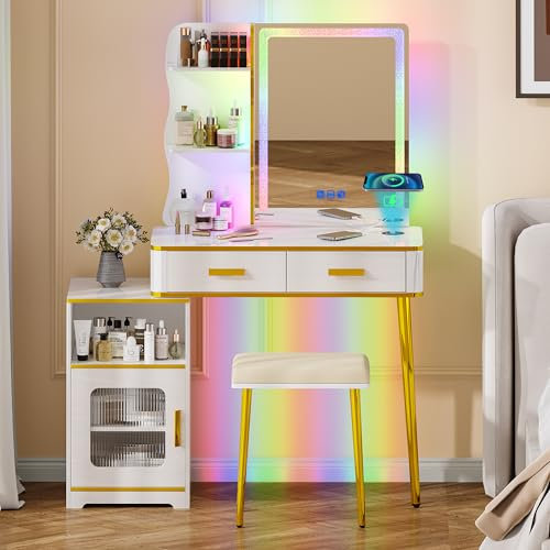 Lvifur RGB Schminktisch mit LED-Beleuchtung,Schminktisch mit Spiegel und hocker und schubladen,Schminktische mit USB anschluss für Schlafzimmer und Make-up