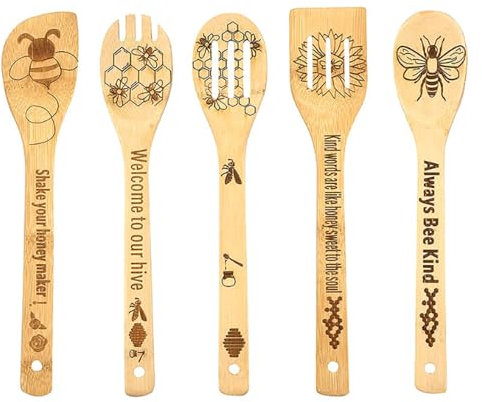 Xanewza Lot de 5 Cuillères en Bois pour la Cuisine, Cuillères en Bois Cadeaux pour Cuisiner, Accessoires pour Ustensiles de Cuisine avec Motif Abeille Gravé, Cuisine Cadeaux de Cuisine
