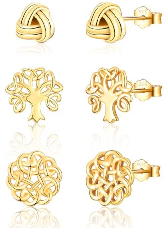 Wynn's Gold Ohrringe Set: 3 Paar Lebensbaum & Keltischer Knoten Ohrringe, 14K Vergoldet, Schmuck mit Geschenkbox für Damen & Herren