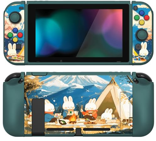 Playvital ZealProtect Weiche Schutzhülle für Nintendo Switch Konsole Joy Con, Case Hülle Cover Zubehör für Switch mit HD Klar Schutzfolie&Sticks Kappen&ABXY Richtungstastenkappen(Camping Häschen)