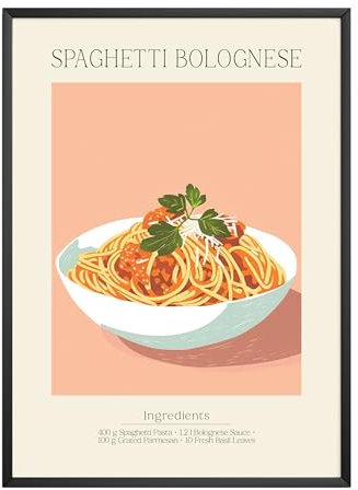 MJ-GRAPHICS - Poster Spaghetti - Bild mit Speisen Rezept & Zutaten - Wandbild Din A4 in Galerie Qualität mit extra dickem 300g Posterpapier - Retro Poster FineArt Kunstdruck ohne Bilderrahmen