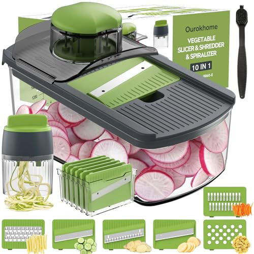 Ourokhome Mandolin Slicer with Handheld Spiralizer, Hand Safe Vegetable Shredder with 6 Mandoline Blades, Veggie Waffle Cutter for Potato, Carrot, Zucchini, Essential Kitchen Gadgets (10 in 1, Gray)