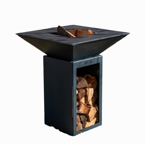 Grill'Chic - Braséro Plancha Le Cévenol 74 x 74 x 90 cm à Double CUVE en Aluminium Thermolaqué Gris Anthracite avec Meuble Range-Bois - Barbecue d'extérieur 100% Fabriqué en France