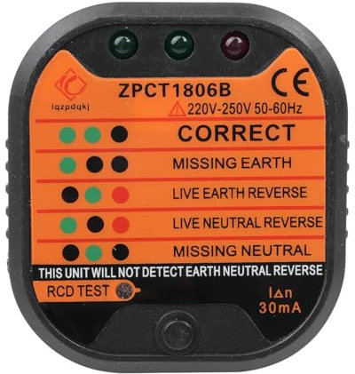 VOANZO Probador de enchufes, comprobador de enchufes de 220-250 V, comprobador de tomacorrientes RCD eléctricos, Detector de Voltaje de polaridad de Circuito para detección de cableado de enchufes