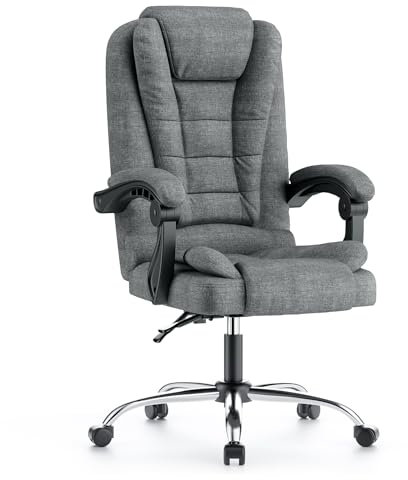 rattantree Ergonomischer Bürostuhl, Schreibtischstuhl, Computerstuhl mit Gepolsterter Armlehne und Weiche Kopfstütze, Rückenlehne, Neigungsfunktion, Höhenverstellbar, Chefsessel, Dunkelgrauer Stoff