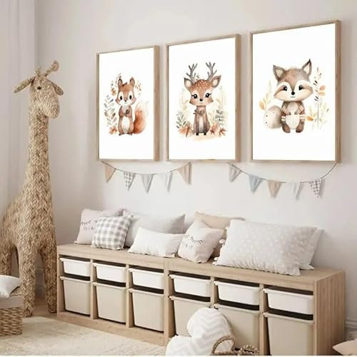 3 Affiche Boho Enfant Tableau Animaux Chambre Enfant Affiche Bebe Cerf Raton Laveur Écureuil Tableau Animaux de la Foret Chambre Bebe Poster 30 x 40 Toile Decoration Murale Fille Garcon Cadeau