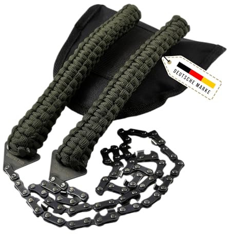 WALDBARON Survival Handkettensäge aus Carbonstahl inkl. Gürteltasche - Premium Bushcraft Säge Baumsäge für Outdoor & Camping Gadgets, Militär Ausrüstung, Survival Kit, Mini Kettensäge (Olivgrün)