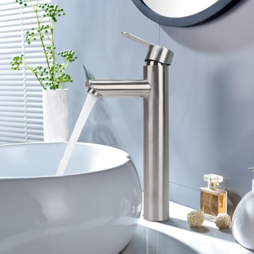Minnhua Grifo Lavabo Alto Grifo de Baño Monomando Grifo Baño Grifo Lavabo Grifo de Lavabo Alto Grifo Mezclador Baño de Acero Inoxidable Control de Agua Fría Y Caliente(Caño Alto 200mm)