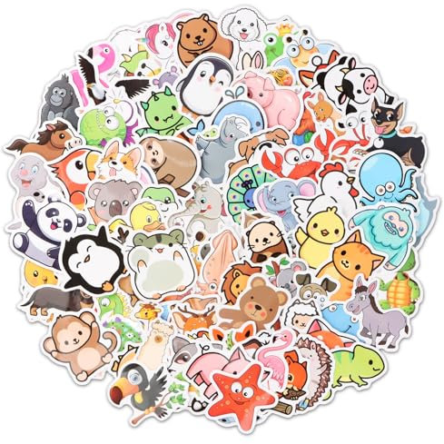 Dewocke Tier Sticker Set für Kinder, 100 Unikate Cartoon Tiere Aufkleber, Belohnungsaufkleber, Vinyl Wasserfest & Robust, Universal für Laptop, Wasserflasche, Skateboard, Auto & mehr