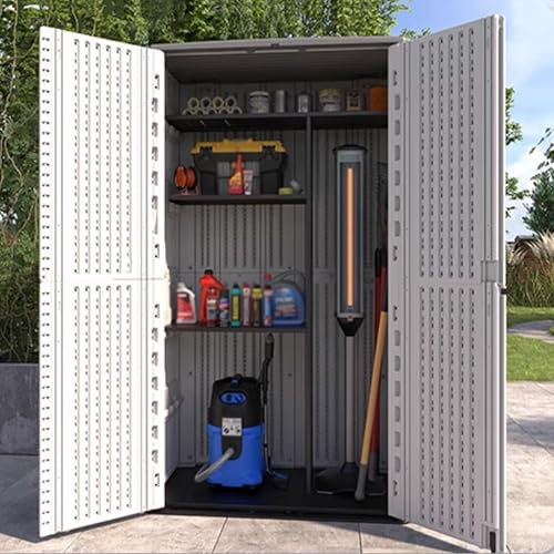Wasserdichter Outdoor-Schuppen aus Kunstharz mit abschließbarem Schrank und Regalplatz für Garten, Terrasse, Rasen, Allwetter-Werkzeugaufbewahrungslösung