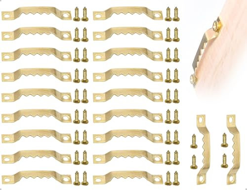 Emezddo 20 Stück Bildaufhänger,Sägezahn Bilderrahmen Hängehaken,Bilderhaken,Bilderrahmenaufhänger,Holzrahmen Aufhänger,Zackenaufhänger mit 40 Schrauben,für Bilderrahmen und Kunsthandwerk(Gold)