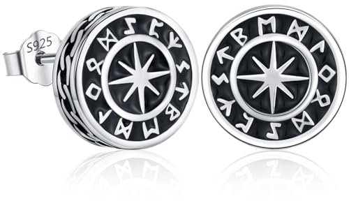Wikinger Ohrringe Herren, S925 Sterling silber Ohrstecker Herren,Viking Rune Ohrringe Hypoallergen Schwarze Kompass Ohrstecker, Schmuck Geschenke für Damen Männer
