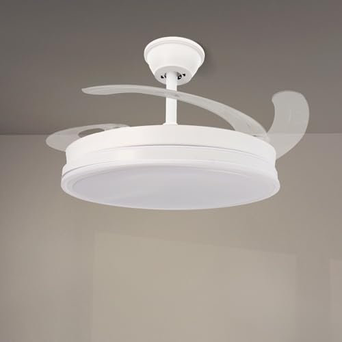 Casa Shop Ventilador de Techo LED 68W Motor DC con Control Remoto, Aspas Retráctiles, LED Integrada, Ultra Silencioso aspas Retráctiles función verano-invierno (Blanco)