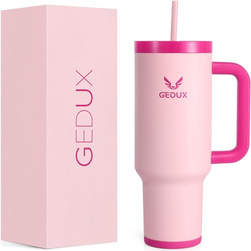 Gedux Trinkflasche mit Strohhalm 1.2L - Thermobecher mit Henkel auslaufsicher - Doppelwandige Vakuumisolierung - Thermobecher mit StrohhalmSpritzwassergeschützter Deckel (Rosa)