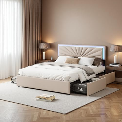 Lit 140x200 avec Rangement et LED, Lit 2 Places avec Sommier et 4 tiroir caché, lit deux place avec tete de lit capitonnée, hauteur réglable, aux adolescents et aux adultes, Lin (Beige (c), 140×200cm)