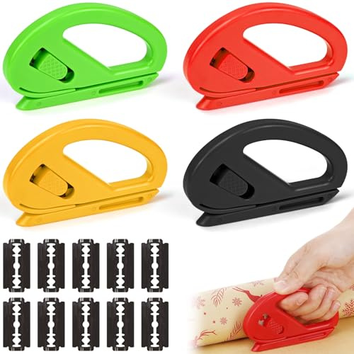 NISENTIA 4 Stück Geschenkpapier Schneider, Wrapping Paper Cutter, Geschenkband Schneider mit 10 Ersatzklingen, Gift Wrap Cutter, Geschenkpapierschneider für Rollen Geschenkband, Papierrollen und Folie
