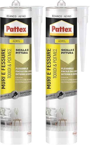 Pattex Sigillante Bianco Muri e Fessure, Acrilico, Verniciabile, per Facciate, Giunti, Fessure, Inodore, Uso Interno, Senza Solventi, Cartuccia da 280 ml (Confezione da 2)