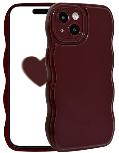 Riccase for iPhone 14 Case Cute Wave Frame Phone Case, Shockproof Solid TPU Protective Bumper Cover for Women Girls, Wine Red