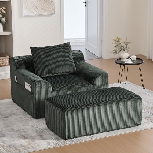 HAUSPROFI Übergroßer Schlafsofa aus Cord 1-Sitzer | Schlafsessel mit Fußstütze & Seitentaschen | Moderner Chaiselongue Sofa kein Aufbau | Relaxsessel für Wohnzimmer, Büro oder Apartment | Smaragd