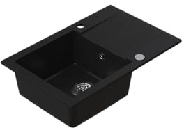 HOMEVELLO Spülbecken MIXA Einbecken Granitspüle 68x44x18,5cm Schwarz, Hochwertige Küchenspüle mit Siphon, Abtropffläche, Pflegeleicht, Kratzfest, Moderne Design, Perfekt für jede Küche