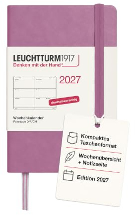 LEUCHTTURM1917 Wochenkalender 2027 Mini (A7) - Deutsch, Dusty Rose, Hardcover, 70 x 110 mm, 12 Monate - Januar-Dezember 2027, 1 Woche pro Doppelseite, 80 g/m² Papier mit hoher Tintenverträglichkeit
