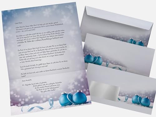 Weihnachtsbriefpapier Set 100-tlg. | Weihnachtskugeln im Schnee | 50 Blatt Motivpapier A4 + 50 Briefumschläge DIN LANG | Briefpapier Set